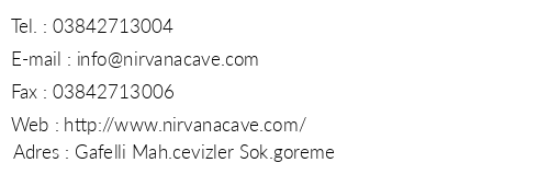 Nirvana Cave Hotel telefon numaralar, faks, e-mail, posta adresi ve iletiim bilgileri